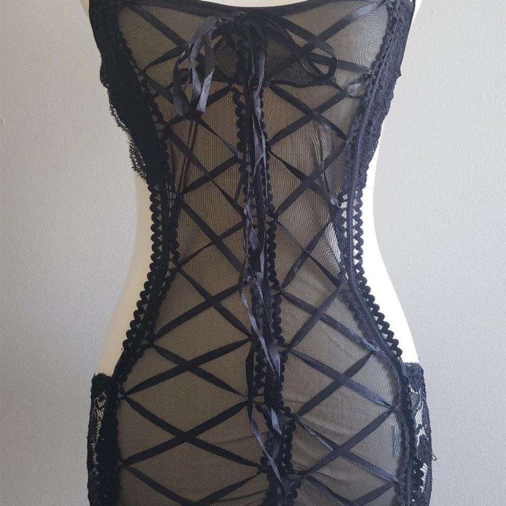 Black Lace-Up Mesh Apron Babydoll Chemise Lingerie